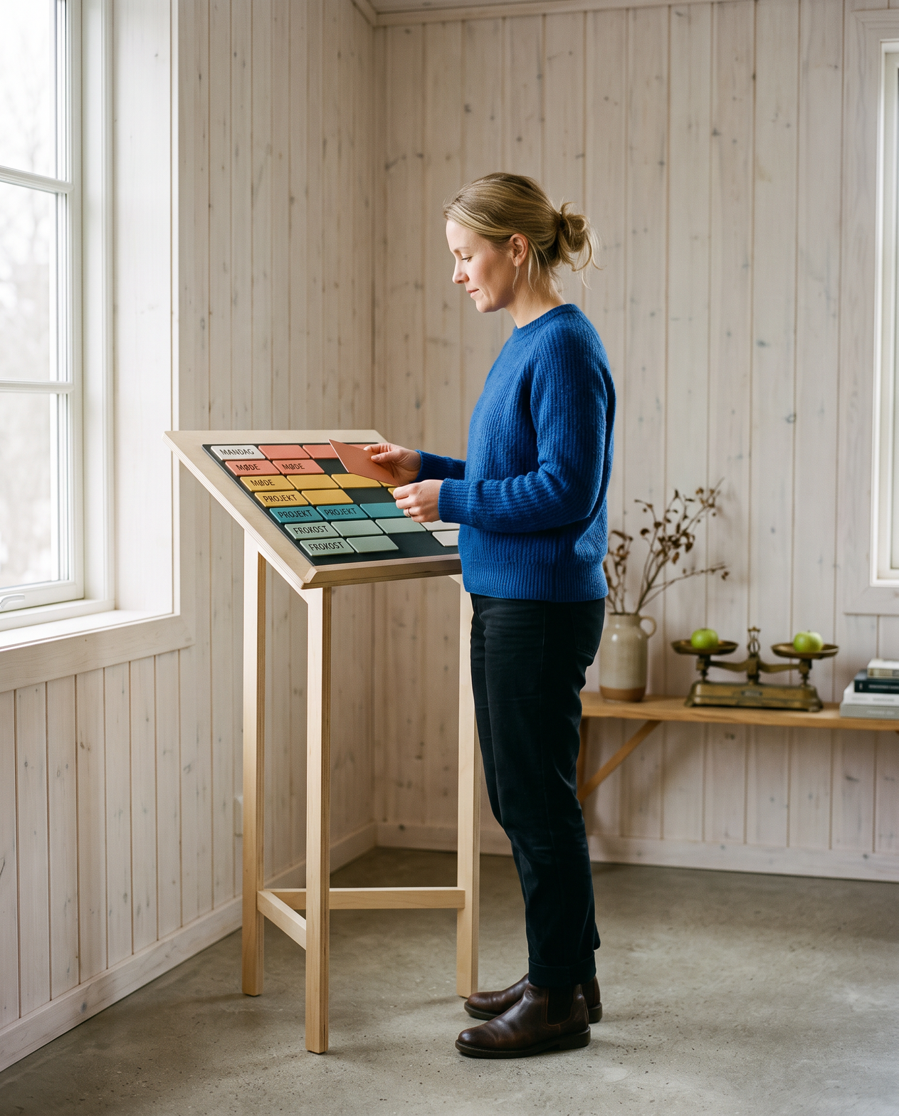 En kvinna i koboltblå tröja står vid en minimalistisk träpulpet och planerar sin arbetsdag med hjälp av en taktil modulöversikt i en ljus skandinavisk studio.