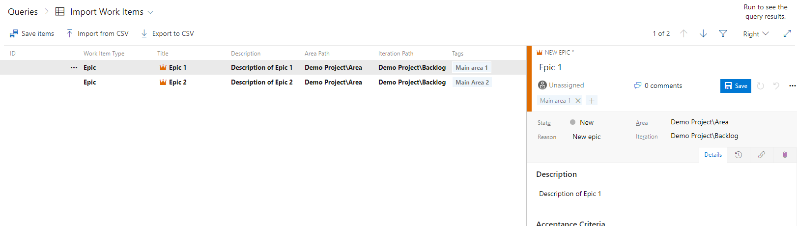 Efter import av Epic och Feature